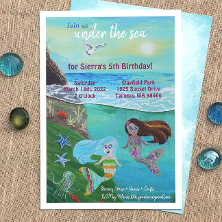 Aquamarine, Rosa, Blaue Meerjungfrau Geburtstagspa Einladung