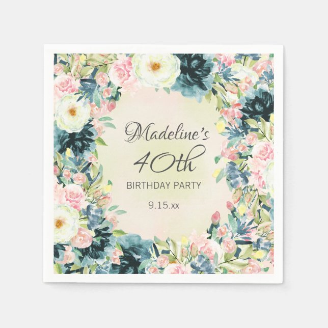 Aquamarine Rosa Creme Floral Women's 40. Geburtsta Serviette (Vorderseite)