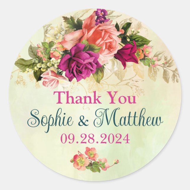 Aquamarine, rosa, grüne, goldfarbene Floralhochzei Runder Aufkleber (Vorderseite)