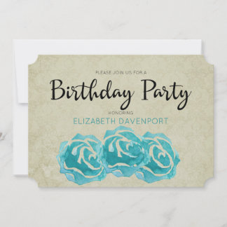 Aquamarine Rose auf Tan Damask Geburtstagsparty Einladung