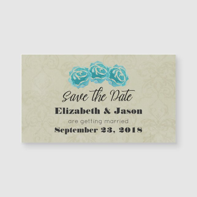 Aquamarine Rose auf Tan Damask Save the Date Magnetkarte (Vorderseite)