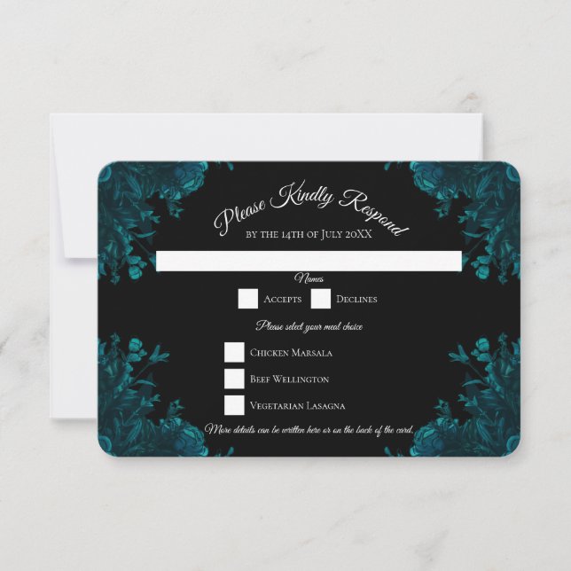 Aquamarine Rose Black Gothic Wedding RSVP Antwort Einladung (Vorderseite)