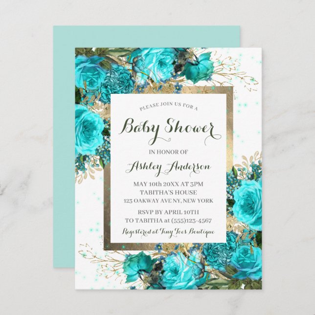 Aquamarine Rose Blumendusche Einladung (Vorne/Hinten)