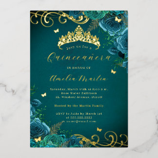 Aquamarine Rose Blumengoldwirbel Quinceanera Folieneinladung