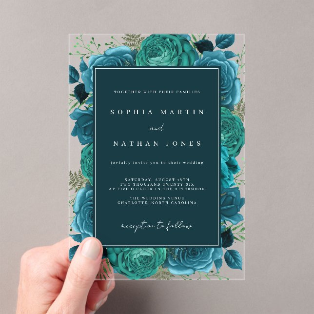 Aquamarine Rose Elegante Klare Hochzeit Acryleinladungen (Insitu (Handheld))