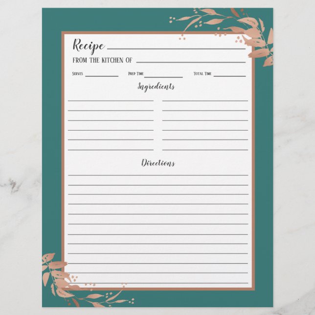 Aquamarine Rose Gold Foliage Rezept Binder Seite (Vorderseite)