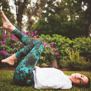 Aquamarine Rose Gold Glitzer Glam Floral Boho Leggings