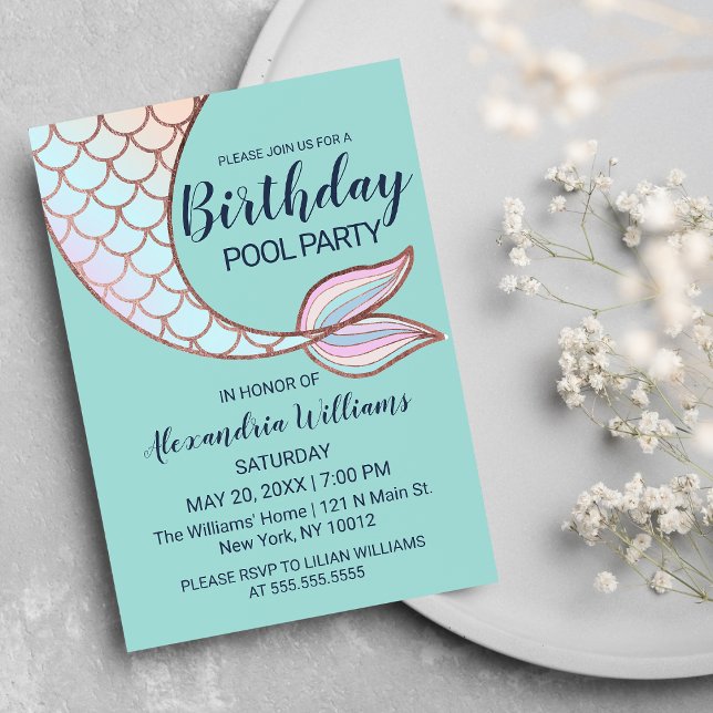 Aquamarine Rose Gold Pink Mermaid Schwanz Pool Geb Einladungspostkarte (Teal Rose Gold Pink Mermaid Tail Pool Birthday Invitation Postcard )