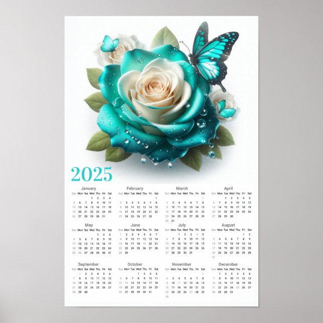 Aquamarine Rose und Schmetterlinge 2025 Poster (Vorne)