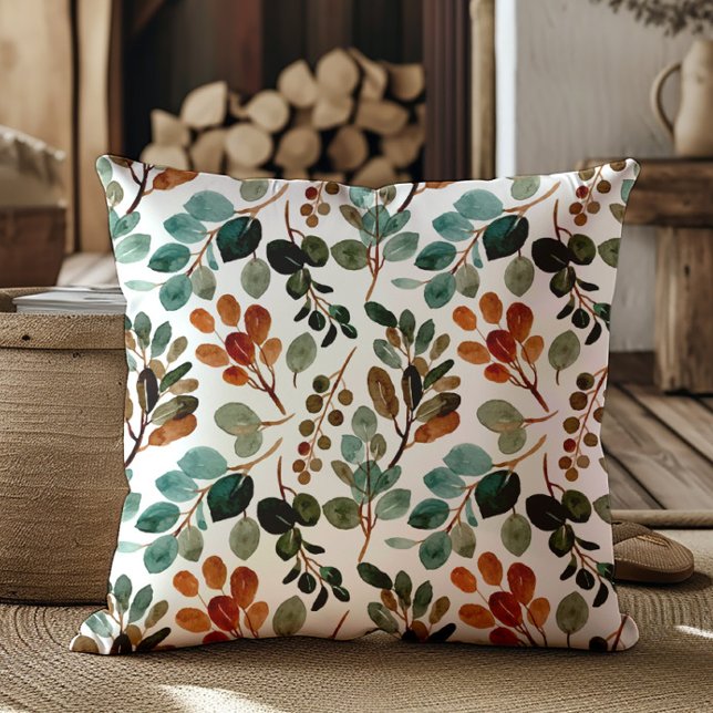Aquamarine Rostfläche Grünbraun Blätter Herbst Kissen (Elegant teal, rust, sage green, and brown leaves decorator pillow)