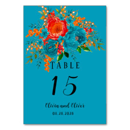 Aquamarine Rote Orange Botanische Blumenhochzeit Tischnummer