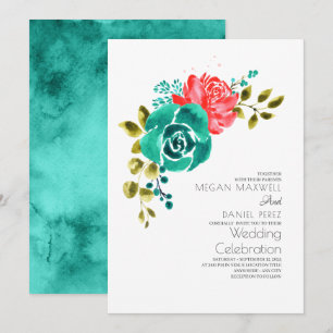 Aquamarine Rote Rosen Boho Floral Wedding Einladung