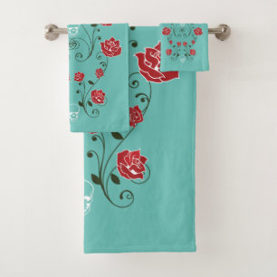 Aquamarine Rote Rosen und Skulpturen Badhandtuch Set