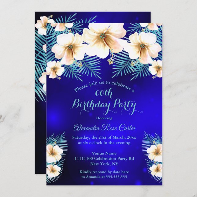 Aquamarine Royal Blue Tropal Geburtstagsparty Einladung (Vorne/Hinten)