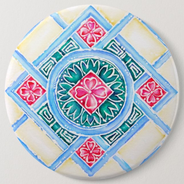 Aquamarine runde geometrische Tile in Peranakan Button (Vorderseite)