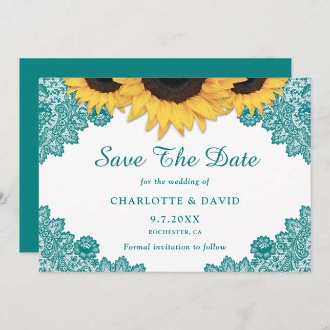 Aquamarine Rustikal-Chic-Sonnenblumenhochzeit Save The Date (Vorne/Hinten)