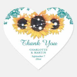 Aquamarine Rustikal-Chic-Spitzen-Sonnenblumen-Hoch Herz-Aufkleber