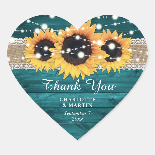 Aquamarine Rustikale Burlap Lace Sonnenblume Hochz Herz-Aufkleber (Vorderseite)
