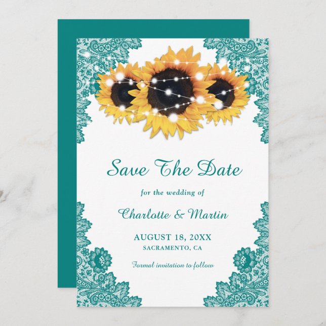 Aquamarine Rustikale Chic Lace Sonnenblume Save The Date (Vorne/Hinten)
