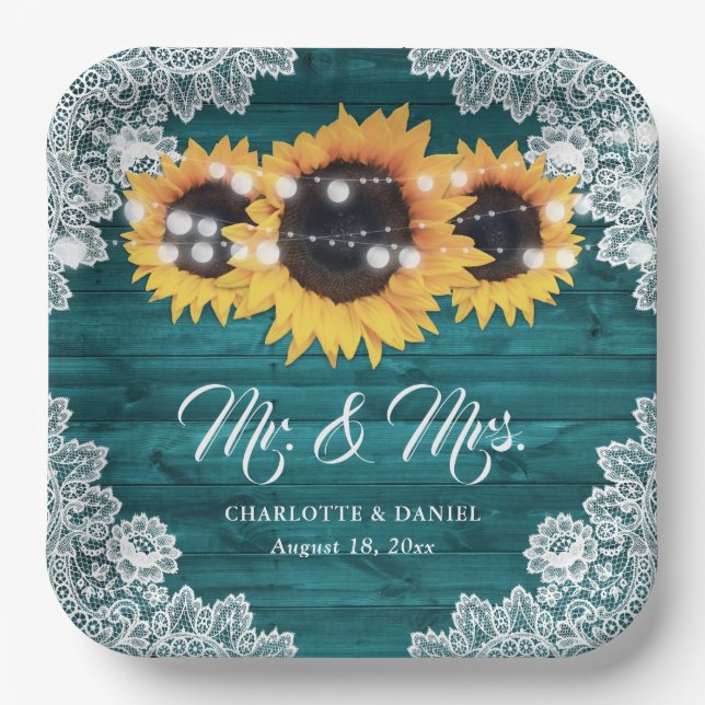 Aquamarine Rustikale Hochzeit der Sonnenblumen Pappteller (Vorderseite)