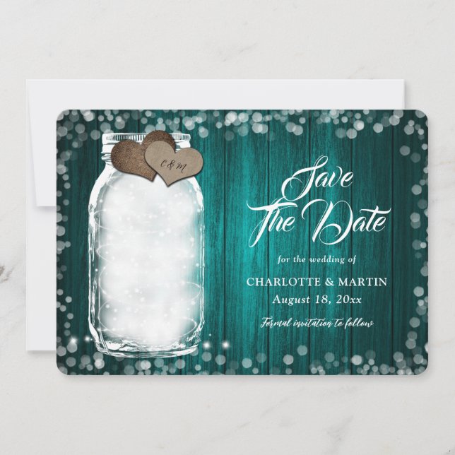 Aquamarine rustikale Mason Jar String Lights Wood  Save The Date (Vorderseite)