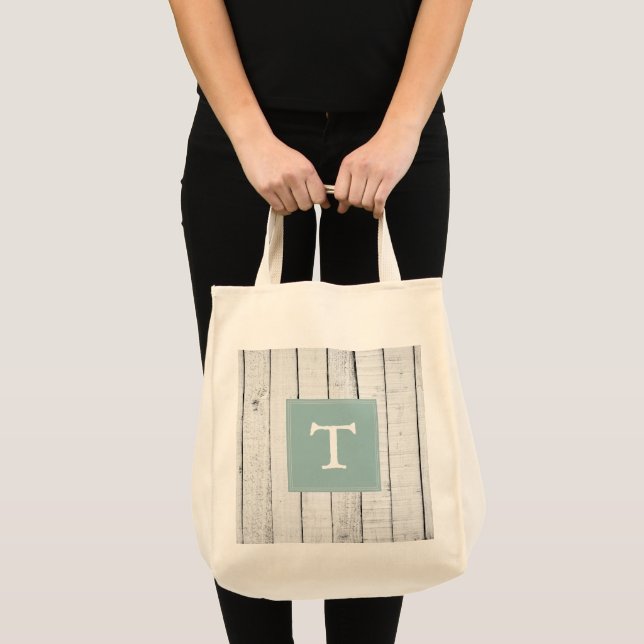 Aquamarine rustikale Monogramm Totbeutel Tragetasche (Vorderseite (Produkt))