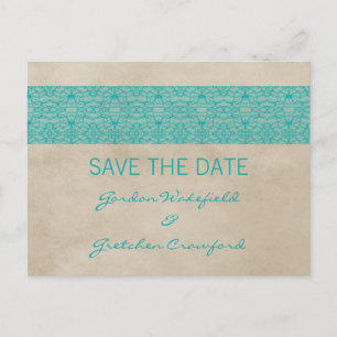 Aquamarine rustikale Spitze Save the Date Postkart Ankündigungspostkarte