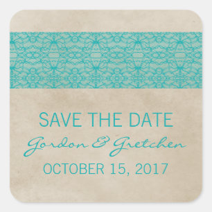 Aquamarine Rustikale Spitzen Save the Date Aufkleb Quadratischer Aufkleber