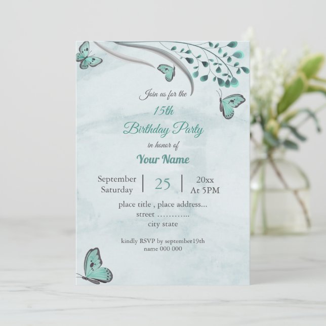 aquamarine Schmetterlinge Blätter Blumengebäck Geb Einladung (Stehend Vorderseite)