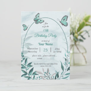 aquamarine Schmetterlinge Blätter Blumengebäck Geb Einladung