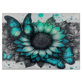 Aquamarine Schmetterlinge Sonnenblumen-Schneidebre Schneidebrett