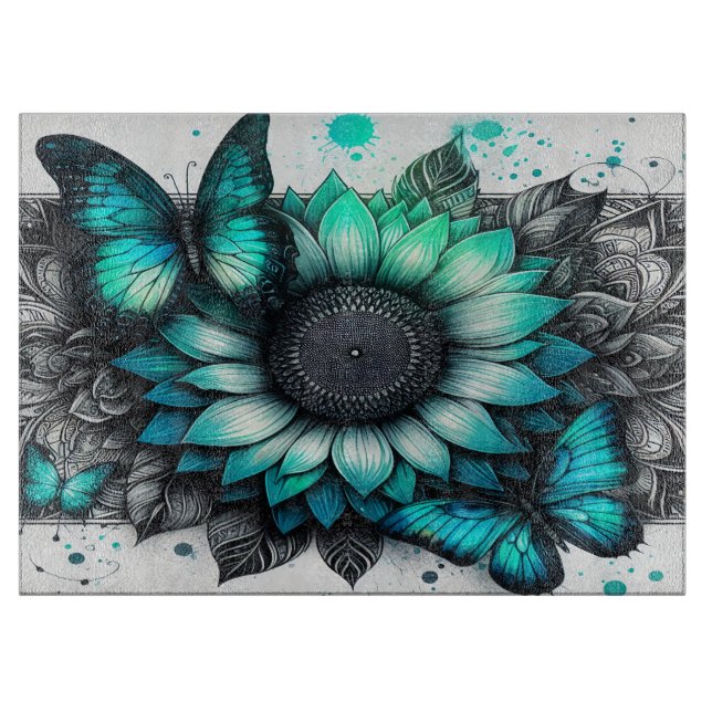 Aquamarine Schmetterlinge Sonnenblumen-Schneidebre Schneidebrett (Vorderseite)