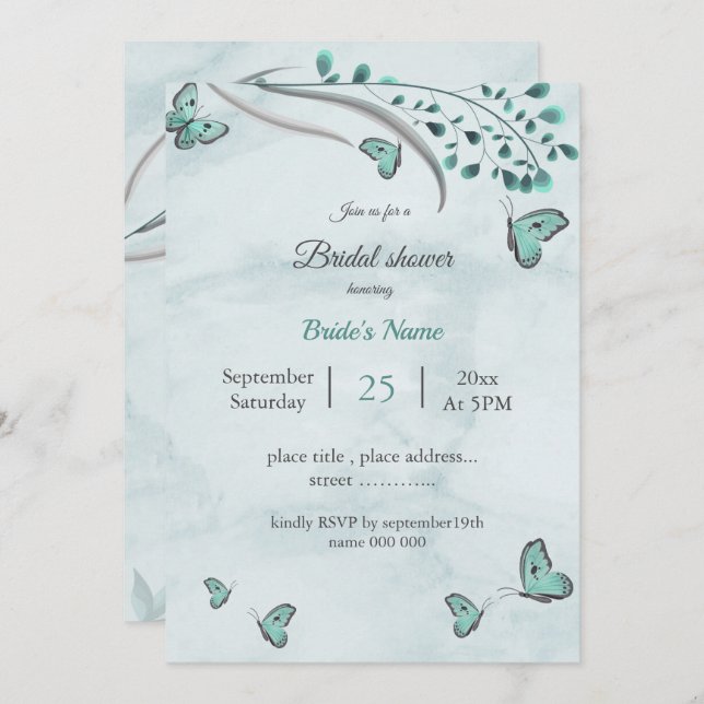 aquamarine Schmetterlinge und Blätter Brautparty Einladung (Vorne/Hinten)