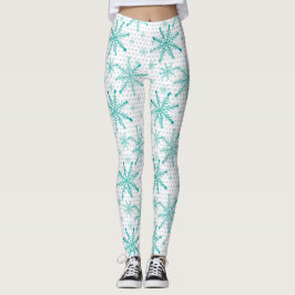 Aquamarine Schneeflocken auf Silberdoten Leggings