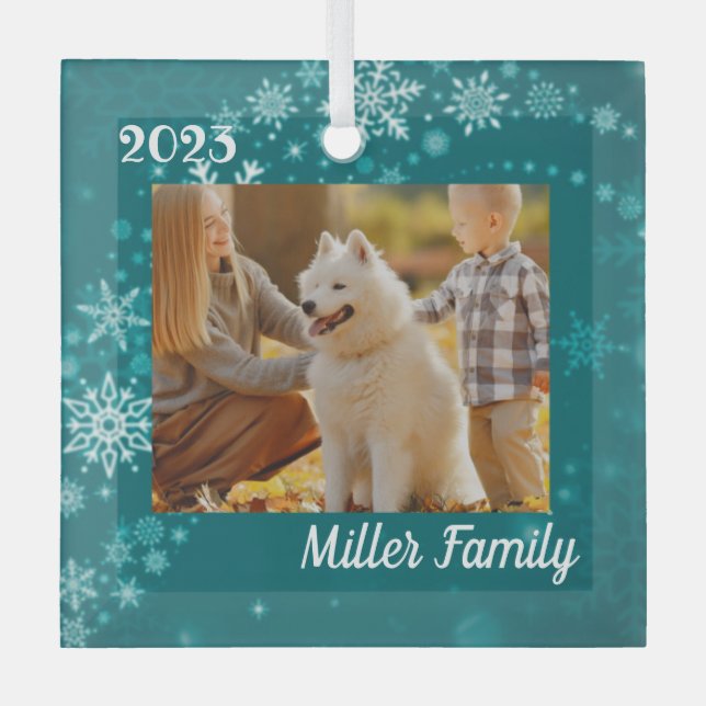 Aquamarine Schneeflocken Personalisierte Weihnacht Ornament Aus Glas (Vorderseite)