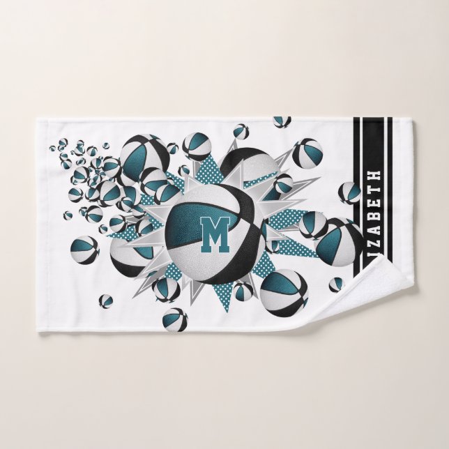 aquamarine schwarze Basketball-Stars mit Monogramm Handtuch (Handtuch)