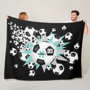 aquamarine schwarze Fußballbälle - Girls Sport Fleecedecke
