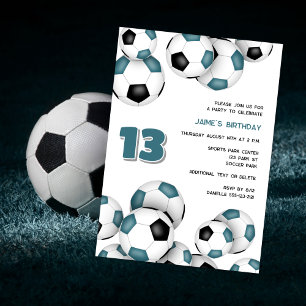 aquamarine schwarze Fußballbälle Kindergeburtstag Einladung