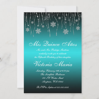 Aquamarine Schwarze Schneeflocken Quinceanera Gebu Einladung