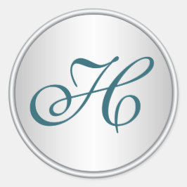 Aquamarine, schwarze und silberne Monogramm-Hochze Runder Aufkleber