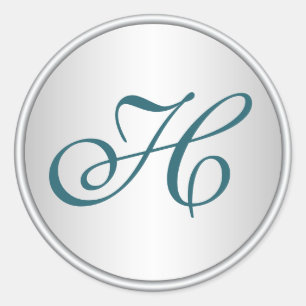 Aquamarine, schwarze und silberne Monogramm-Hochze Runder Aufkleber