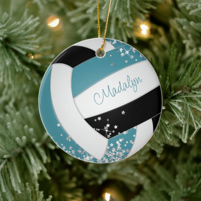 Aquamarine schwarze Volleyball mit Silberstars Keramik Ornament (Baum)