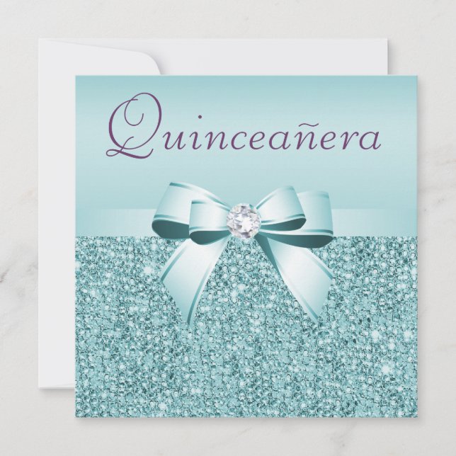 Aquamarine Sequenzen und Bow Quinceanera Einladung (Vorderseite)