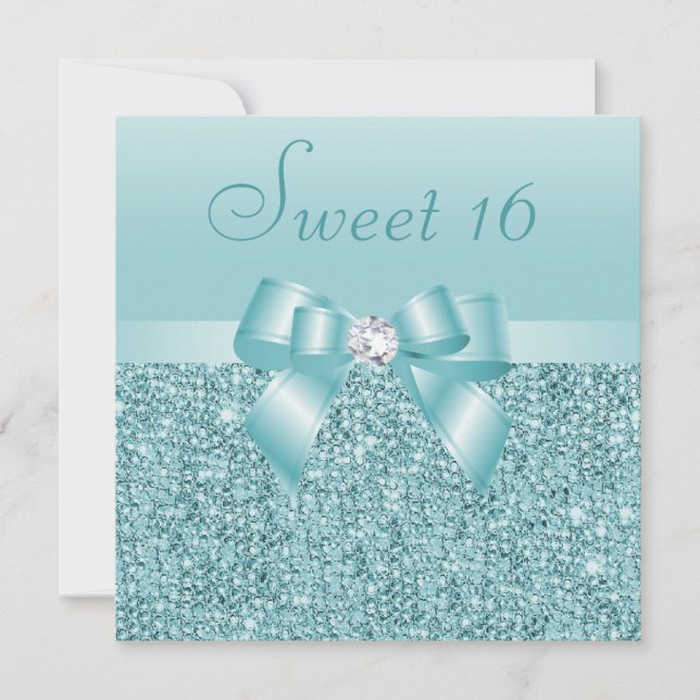 Aquamarine Sequinen, Bow & Diamond Sweet 16 Einladung (Vorderseite)