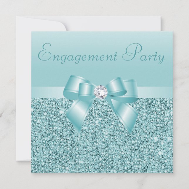 Aquamarine Sequins, Bow & Diamond Engagement Party Einladung (Vorderseite)