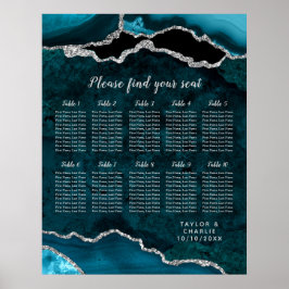 Aquamarine Silber-Agate-Hochzeitkarte mit 10 Tisch Poster