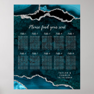 Aquamarine Silber-Agate-Hochzeitkarte mit 10 Tisch Poster
