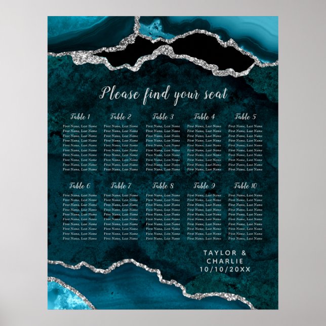 Aquamarine Silber-Agate-Hochzeitkarte mit 10 Tisch Poster (Vorne)