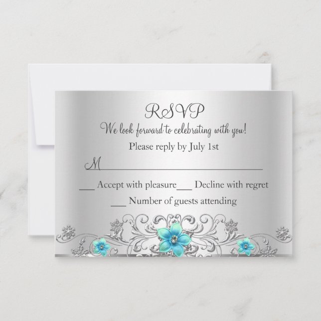 Aquamarine Silber-Floral-Swirl-UAWG RSVP Karte (Vorderseite)