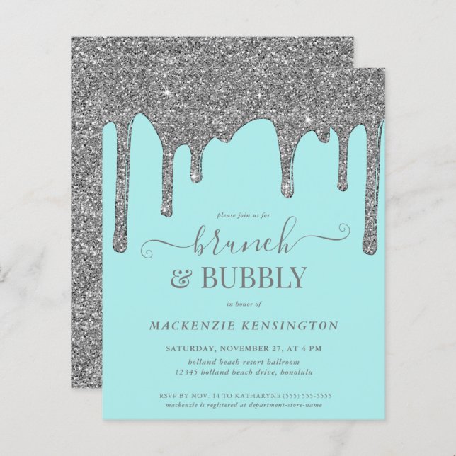 Aquamarine Silber-Glitzer-Tropfen Brunch Bubbly (Vorne/Hinten)